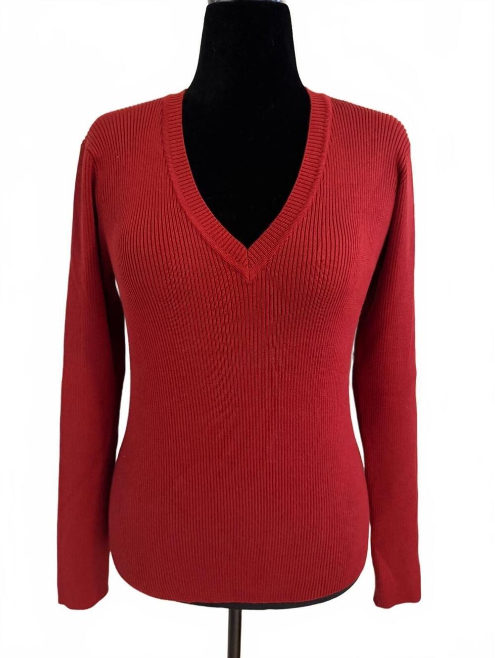 Karen Kane Rosy Rebel Ribbed Sweater in Tomato Red, Size Large
